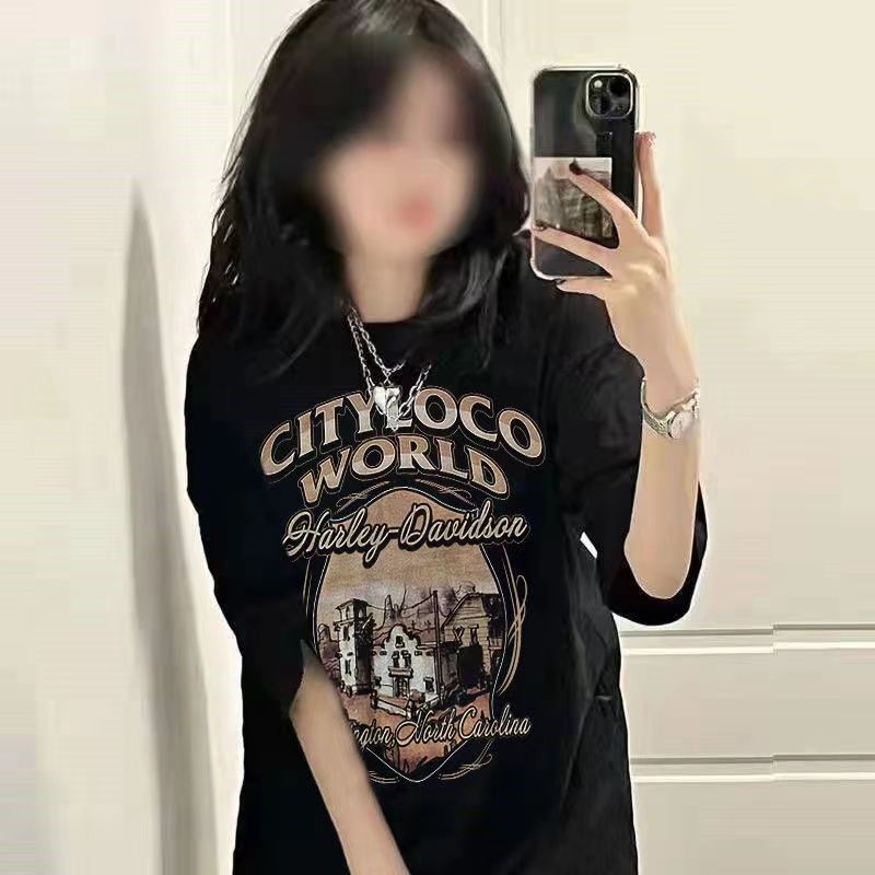 100%純棉半袖原宿風夏季高街t恤女ins簡約休閒中長款寬鬆短袖上衣