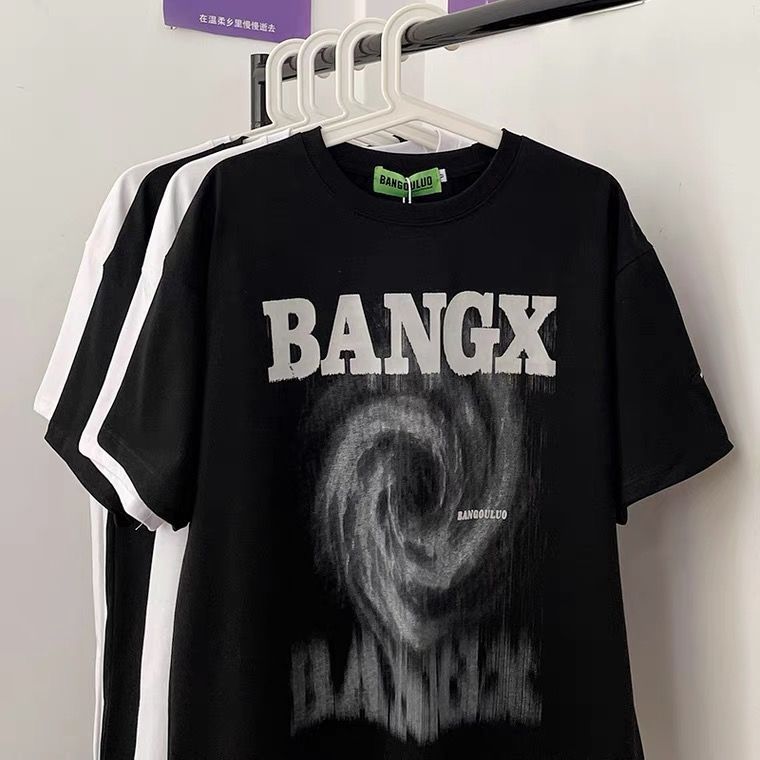 100%純棉短袖T恤男女夏季新款國潮原創復古旋渦印花上衣復古美式