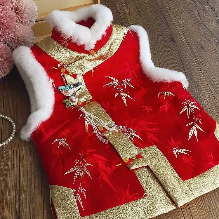 2023 autumn and winter new improved small shirt sleeveless short red atmospheric Tang suit national tide cheongsam vest top