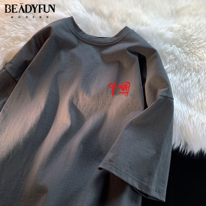BEADYFUN 新款高街潮牌寬鬆T恤短袖男女字母五分袖純棉國潮男裝潮