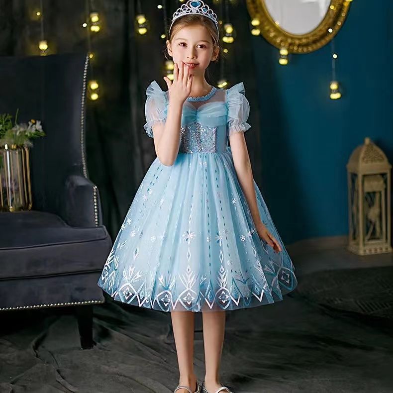 女童连衣裙夏装新款儿童公主裙短袖超洋气甜美女孩艾莎网纱裙
