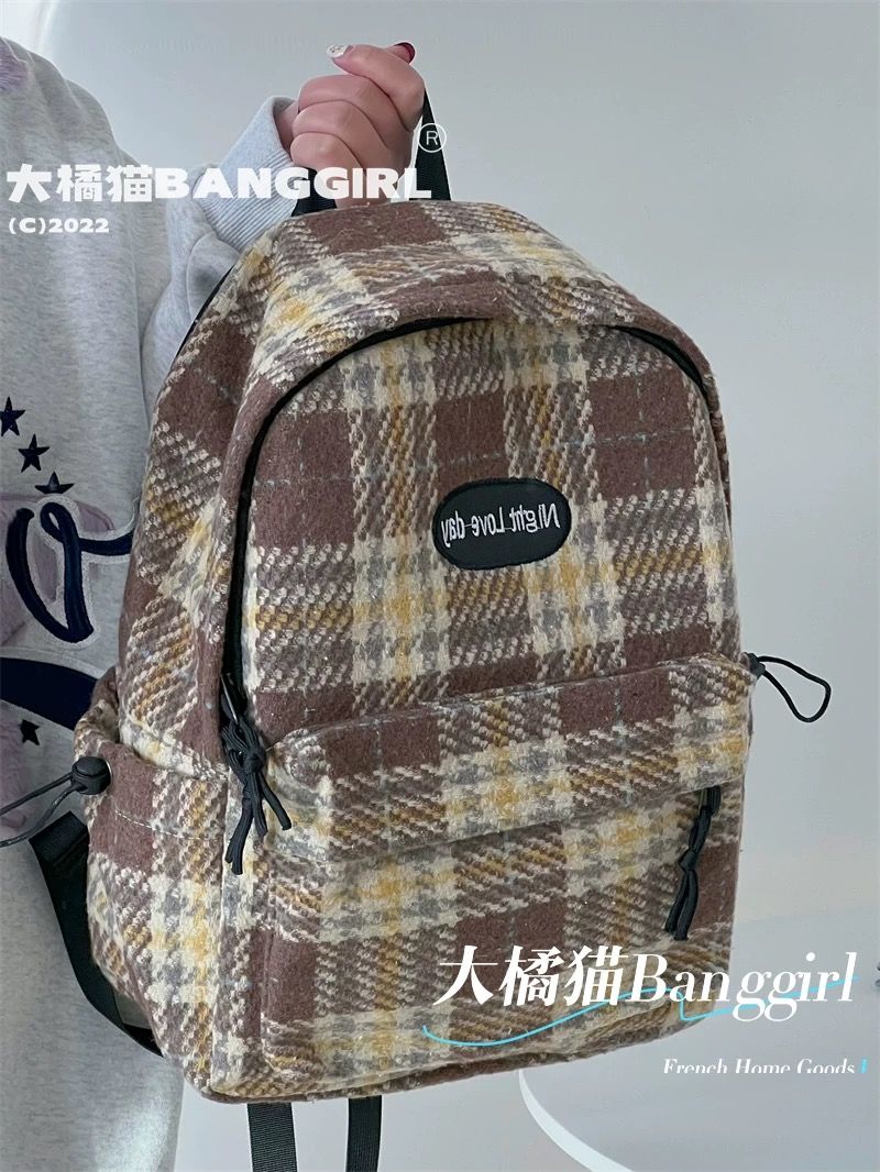 2023格紋書包女韓版高中格子背包美式復古百搭大學生高中生雙肩包