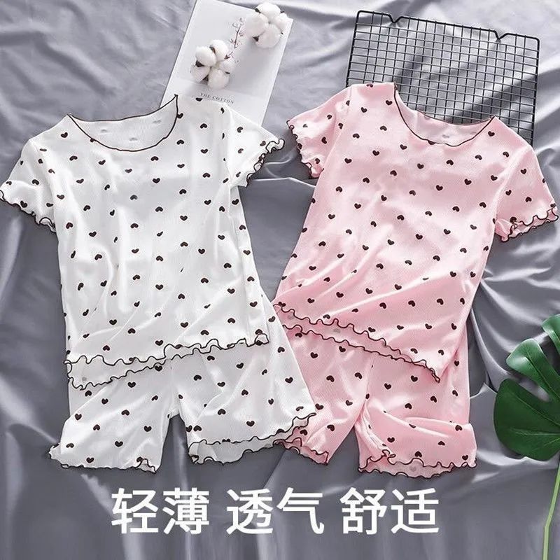 Girls ice silk short-sleeved home clothes suit female treasure sling two-piece set little girl sling pajamas skirt baby pajamas