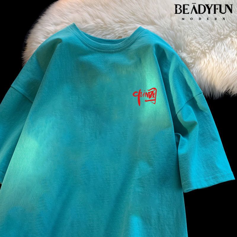 BEADYFUN 新款高街潮牌宽松T恤短袖男女字母五分袖纯棉国潮男装潮