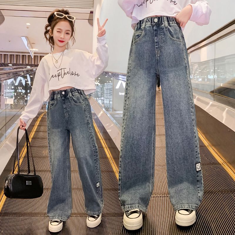 女童牛仔褲2023春秋季新款兒童洋氣寬鬆闊腿褲中大童顯瘦直筒褲子