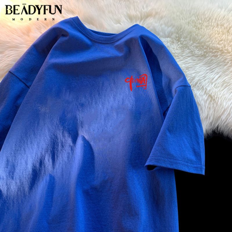 BEADYFUN 新款高街潮牌宽松T恤短袖男女字母五分袖纯棉国潮男装潮