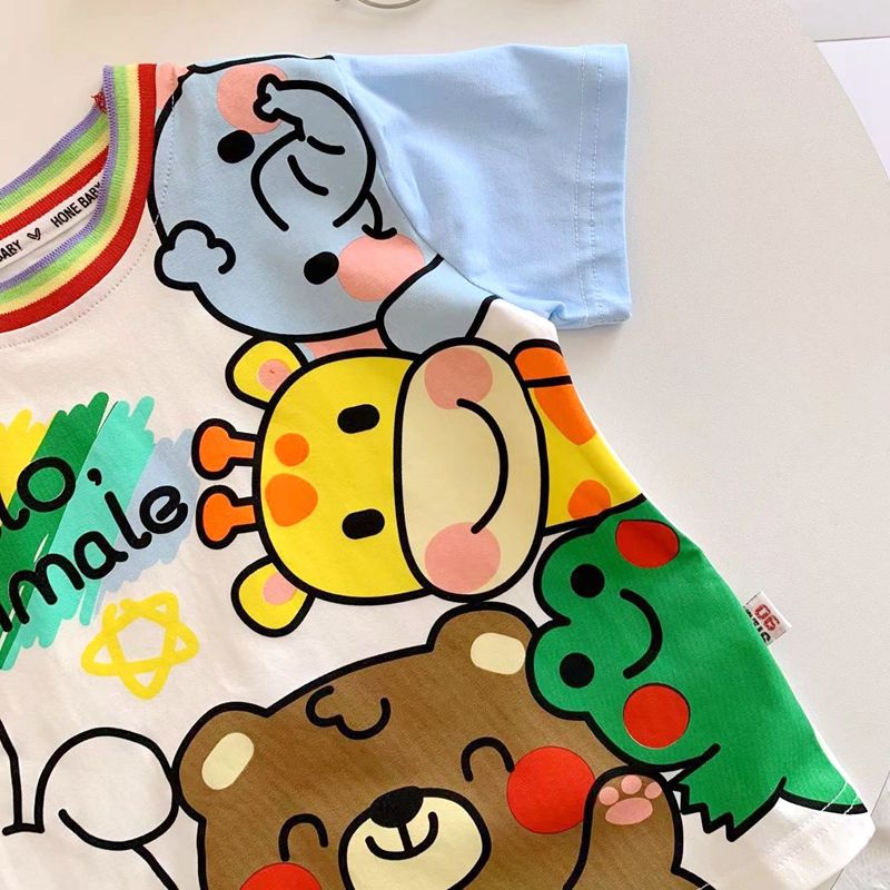 100% cotton children's boys and girls 2023 summer new Korean version thin section cartoon animation tie-dye short-sleeved T-shirt