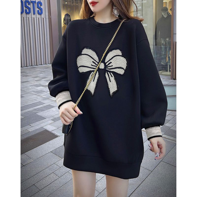 Bowknot embroidered hip sweater mid-length fat MM extra large size 300 catties spring and autumn loose meat-covering dress