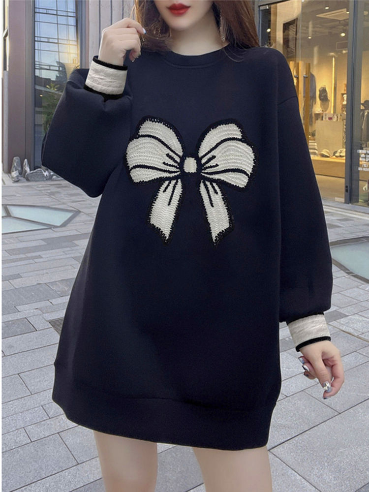 Bowknot embroidered hip sweater mid-length fat MM extra large size 300 catties spring and autumn loose meat-covering dress