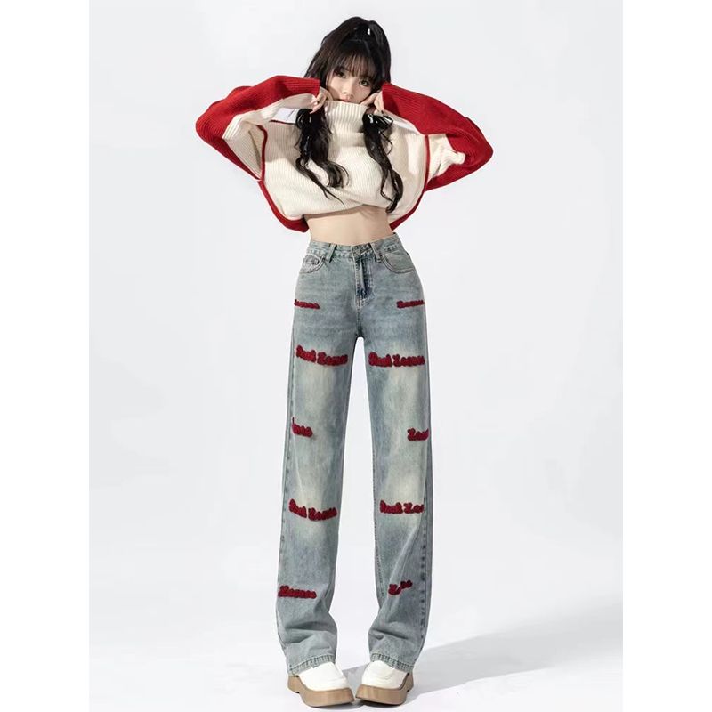 YSYOURS美式刺繡直筒牛仔褲女春秋高腰大碼設計感小眾拖地闊腿褲