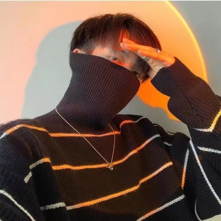 Rollkragenpullover für Herren, Winter, dick, im Hongkong-Stil, lässig, für Senioren, Teenager, lässig, stylisch, mit Streifenmuster_voghion.com