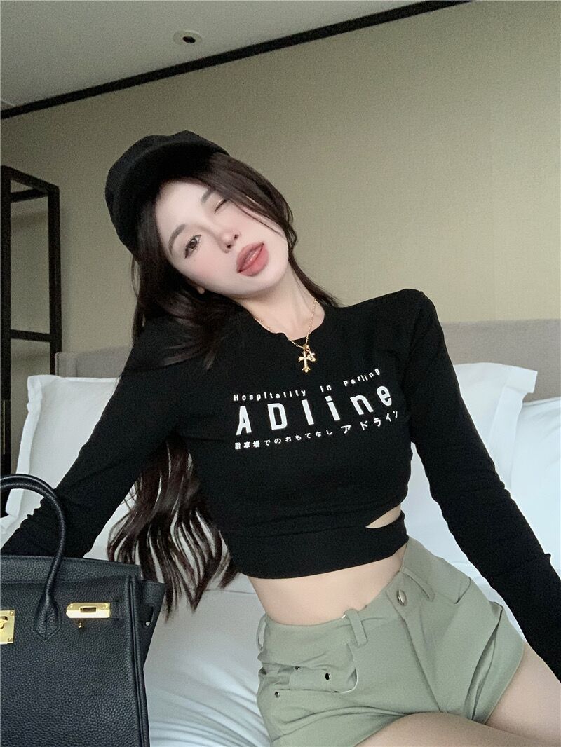 Ins style tight babes t-shirt female student dance suit jazz dance short waistless all-match spring and autumn long-sleeved top winter