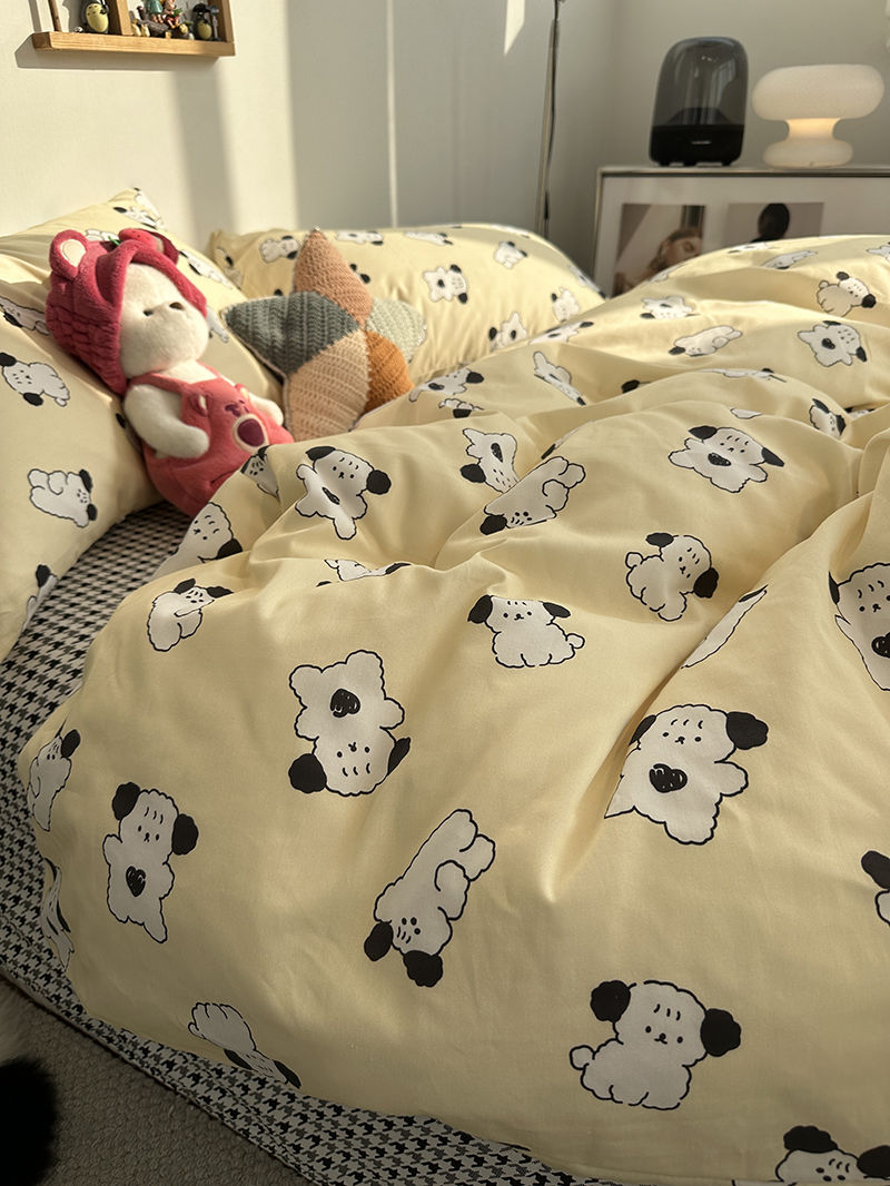 INS Love Dog Cartoon 100 Cotton Bedding Four Piece Set Cotton Apartment Quilt Set Bed Sheet Three Piece Set Girl Heart