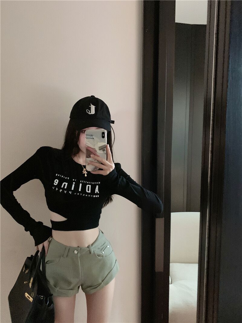 Ins style tight babes t-shirt female student dance suit jazz dance short waistless all-match spring and autumn long-sleeved top winter