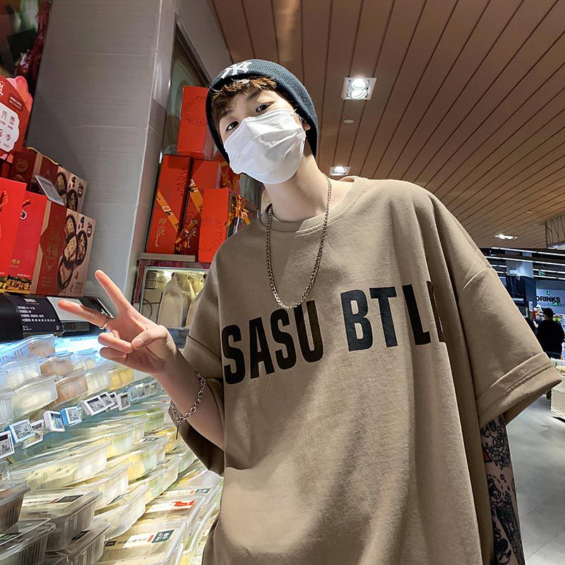 夏季100%純棉短袖t恤男ins港風復古高街半袖潮牌百搭寬鬆體恤上衣