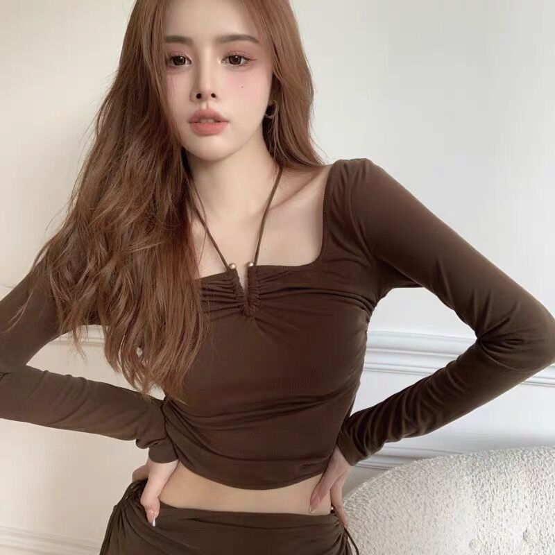 Design sense square collar halter neck bottoming t-shirt ladies spring and autumn new high waist navel exposed sexy tight bottoming shirt top