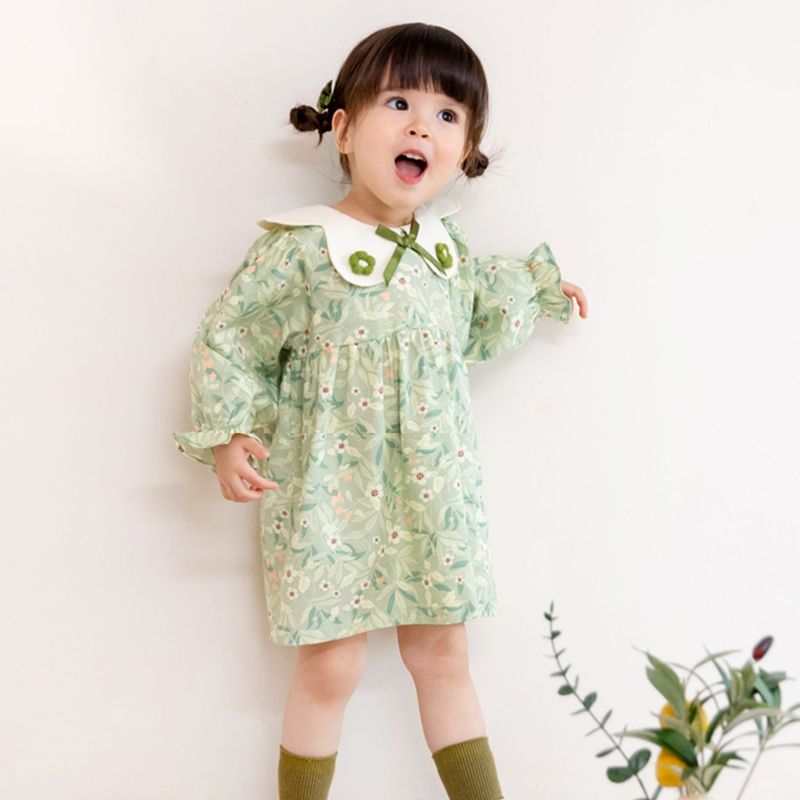 嬰幼兒春季新款女童碎花連衣裙小寶寶公主裙優雅花瓣領清新裙子潮