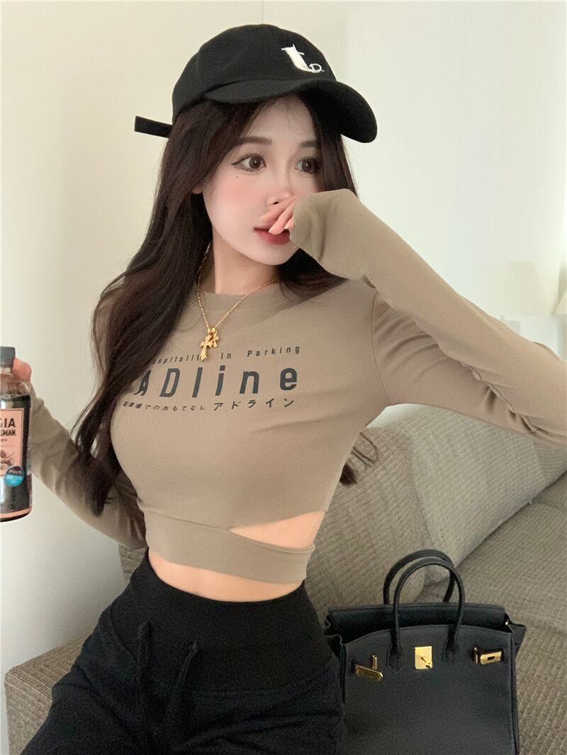 Ins style tight babes t-shirt female student dance suit jazz dance short waistless all-match spring and autumn long-sleeved top winter