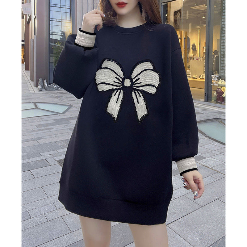 Bowknot embroidered hip sweater mid-length fat MM extra large size 300 catties spring and autumn loose meat-covering dress