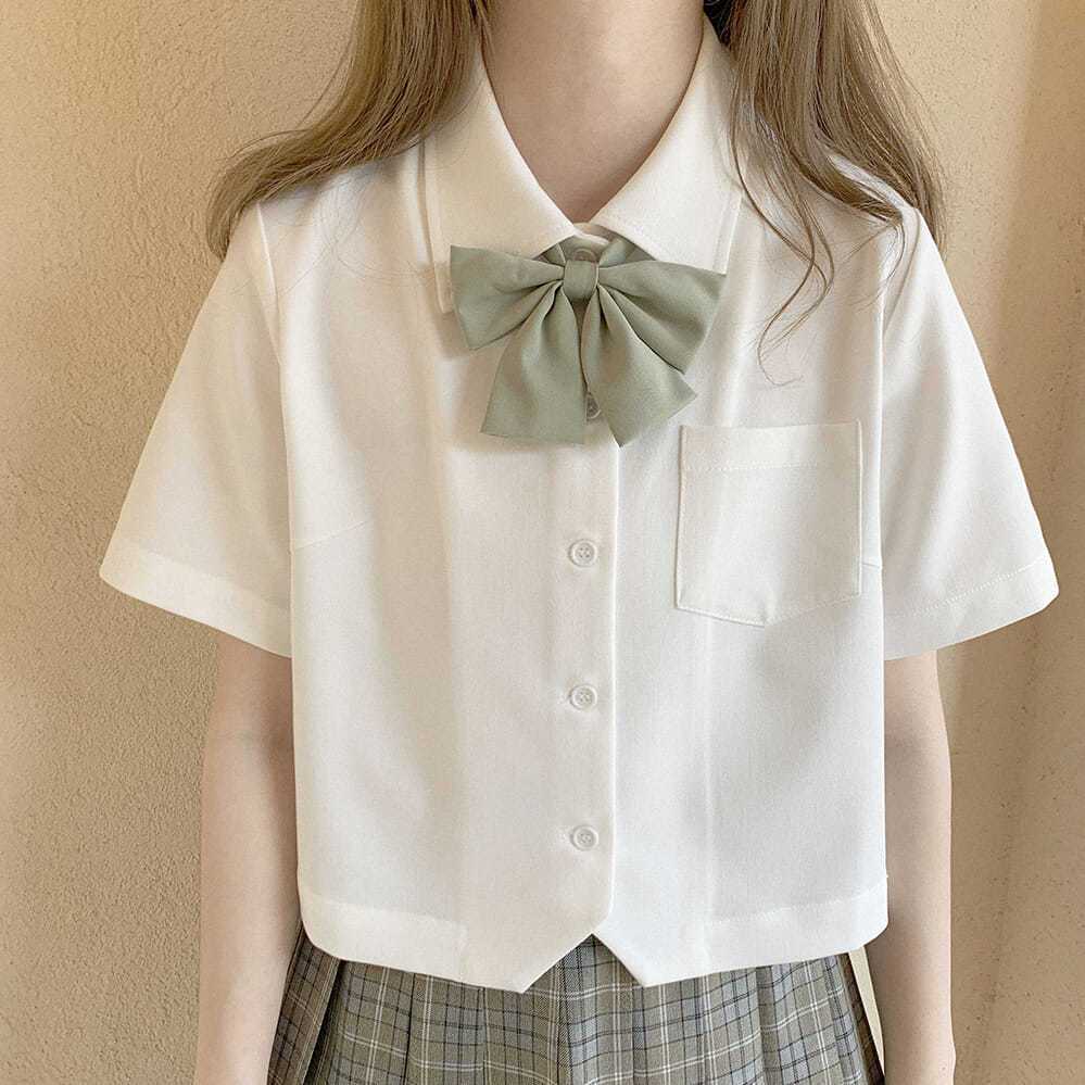 少女学院风JK制服原创基础款奶白色女学生尖领宽松短款短袖衬衫