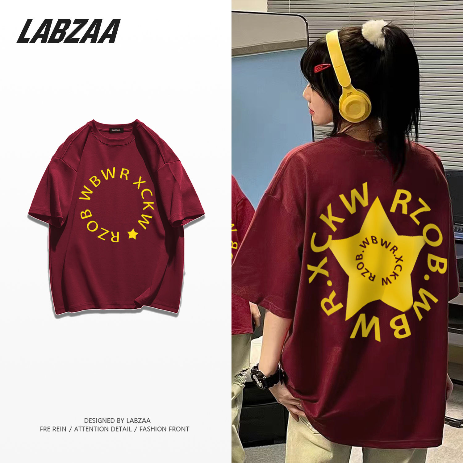 LABZAA pure cotton American high street star print short-sleeved T-shirt female summer couple casual loose all-match top
