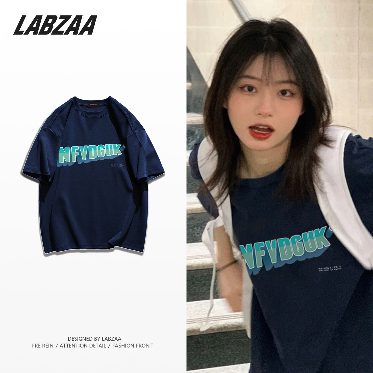 LABZAA cotton high street short-sleeved T-shirt women's summer oversize high street niche letter round neck top ins tide
