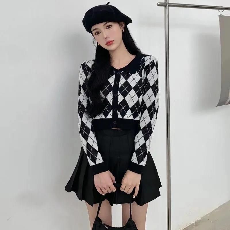 美式復古辣妹polo領菱格針織t恤女套頭夏季薄款上衣百褶裙 兩件套