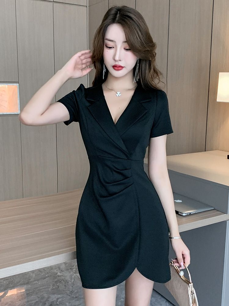 Black Temperament Irregular Tight Skirt Foot Bath Overalls Spa Technician Night Sexy Slim Dress Autumn