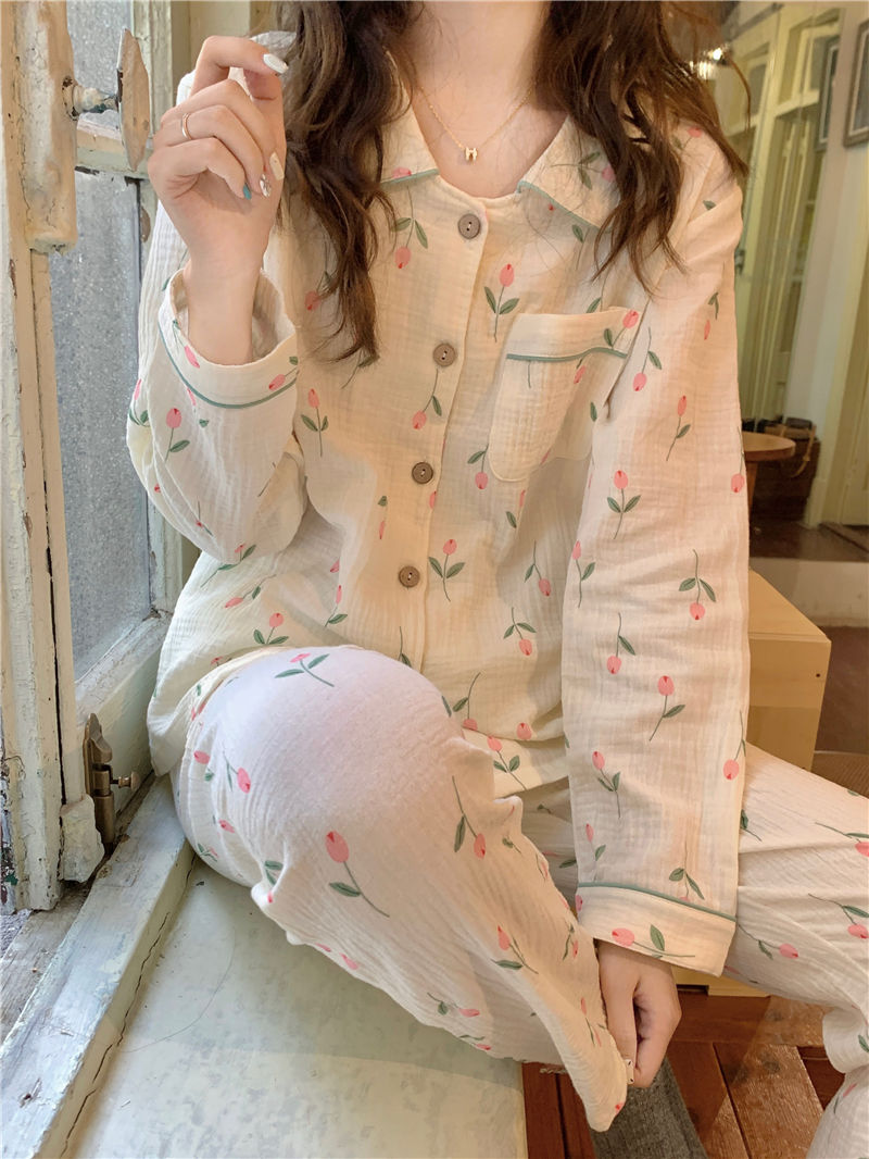 New style seersucker pajamas women's spring and autumn long-sleeved thin section baby cotton sweet tulip home service suit