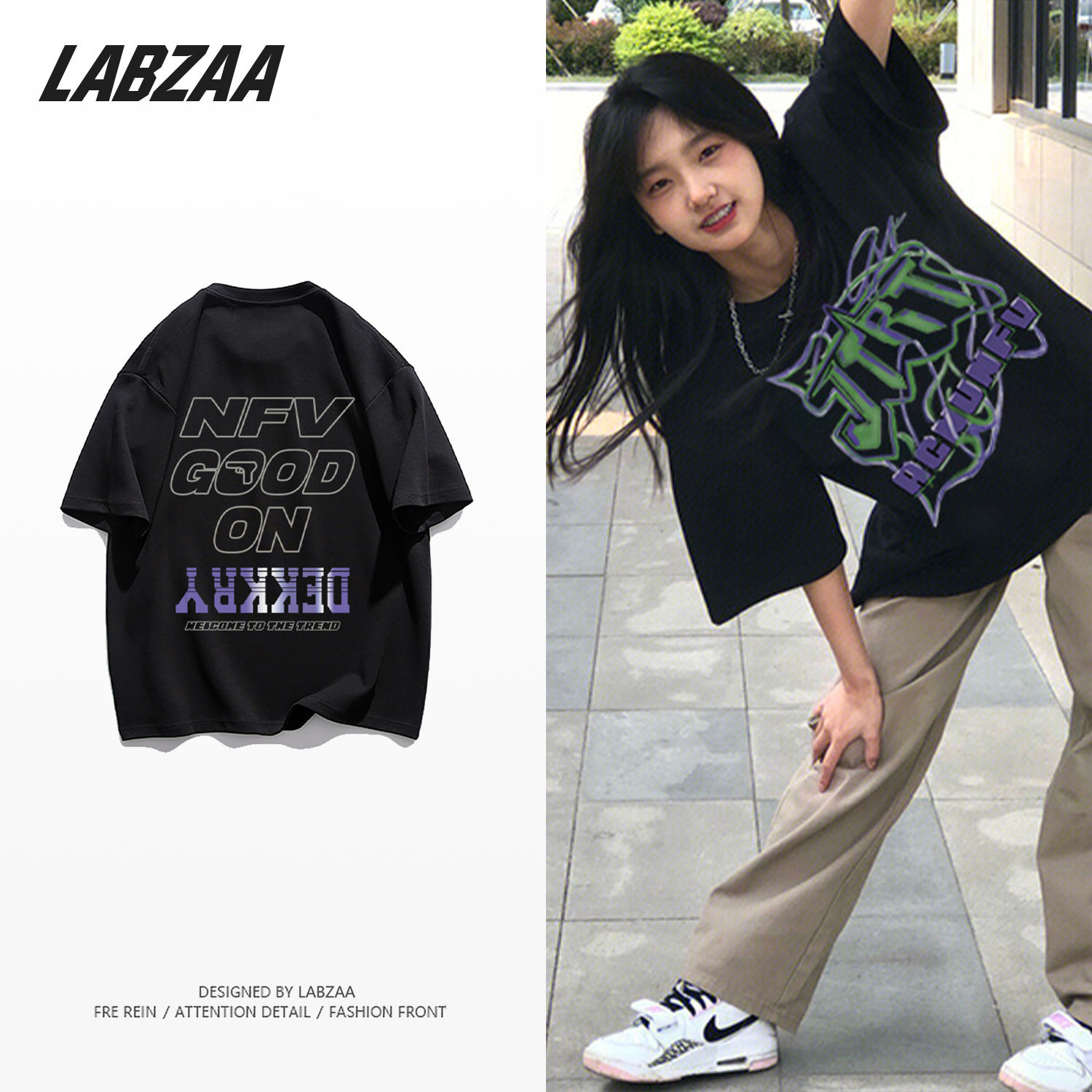 LABZAA pure cotton street punk neutral wind creative letter printing short-sleeved T-shirt women's summer loose top ins