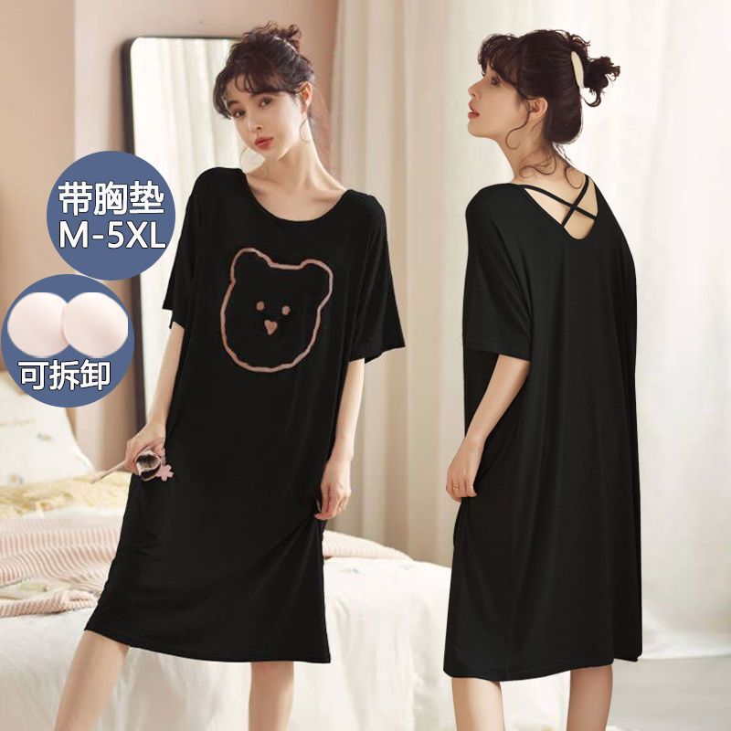 100@Modal cotton nightdress women's summer mid-length short-sleeved thin summer 200 catties ice silk can be worn outside home clothes