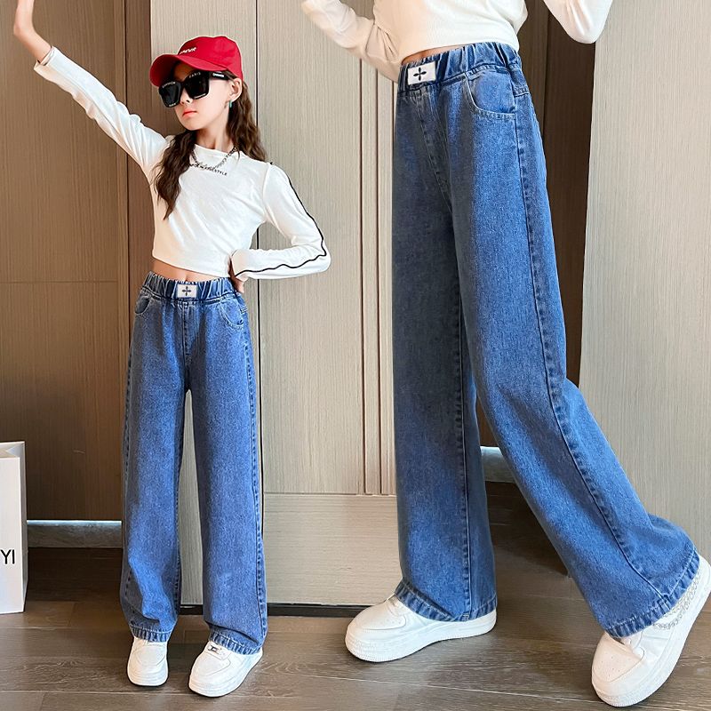 女童褲子春秋2023新款中大童闊腿褲女孩學生直筒褲兒童牛仔褲韓版