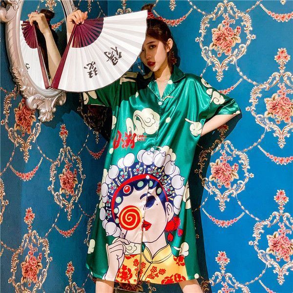 New national tide pajamas women spring and autumn models ice silk retro Chinese style nightdress can be worn outside in summer for pregnant women home clothes women