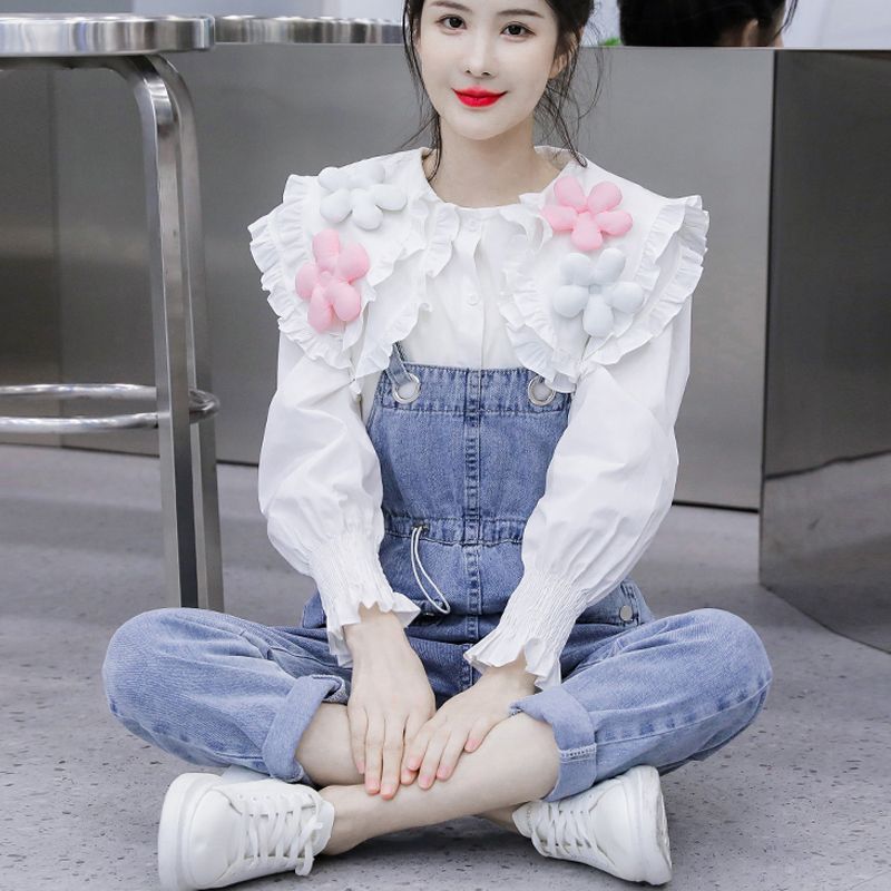 牛仔背帶褲少女春秋裝2023新款初中高中學生時尚減齡襯衫兩件套裝