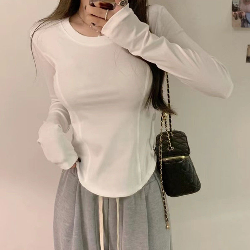 2023 spring, autumn and winter bottoming shirt hot girl small T-shirt women's long-sleeved Korean version of slim irregular fishbone top