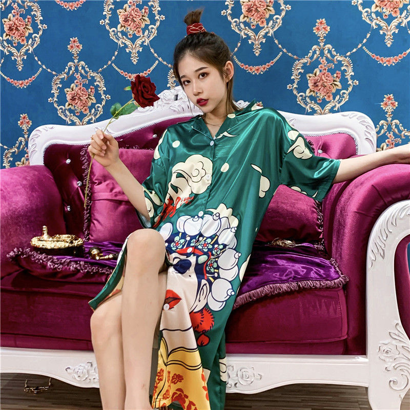 New national tide pajamas women spring and autumn models ice silk retro Chinese style nightdress can be worn outside in summer for pregnant women home clothes women