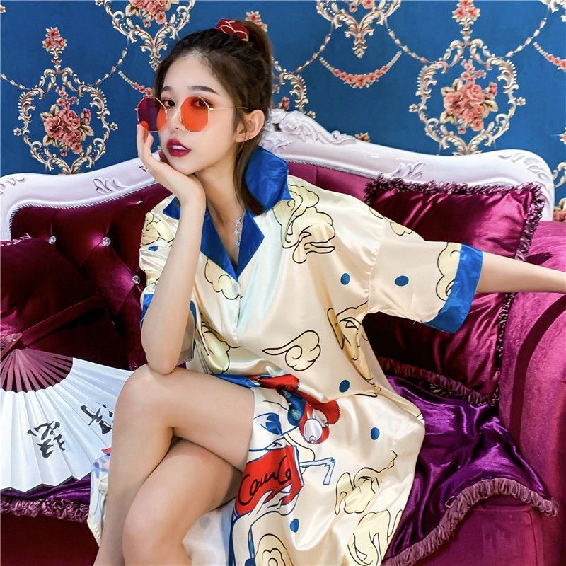 Guochao pajamas women's summer ice silk short-sleeved loose large-size nightdress sexy mid-length court style home service outerwear