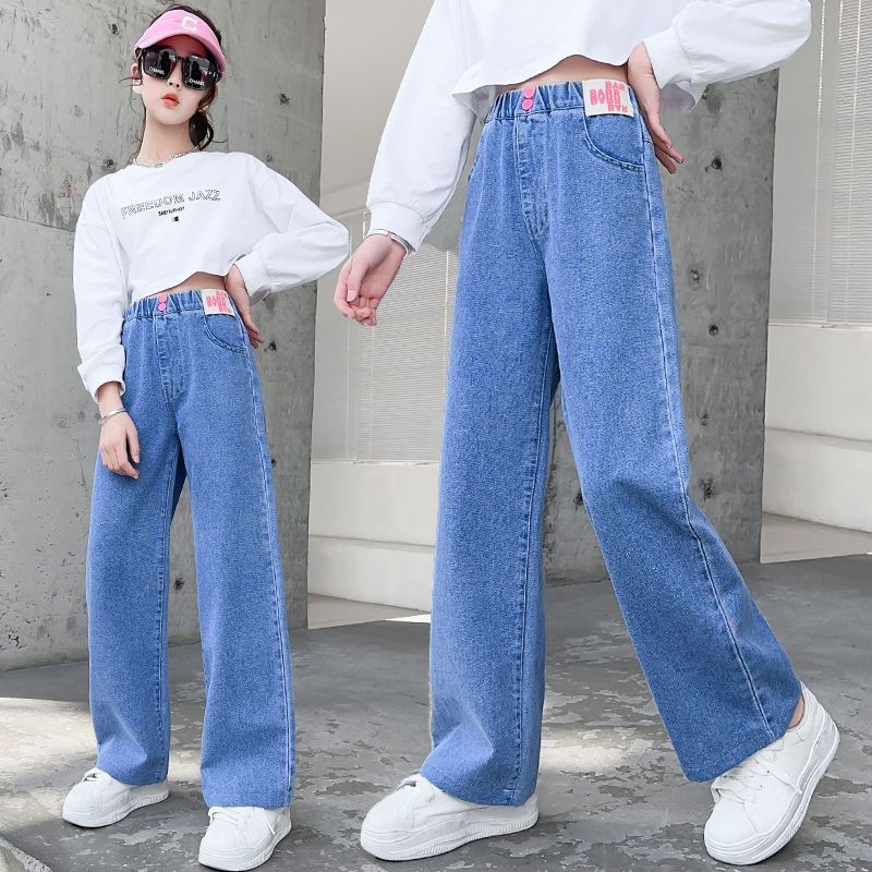女童牛仔褲春秋季2023新款洋氣春裝寬鬆闊腿褲中大童直筒兒童褲子