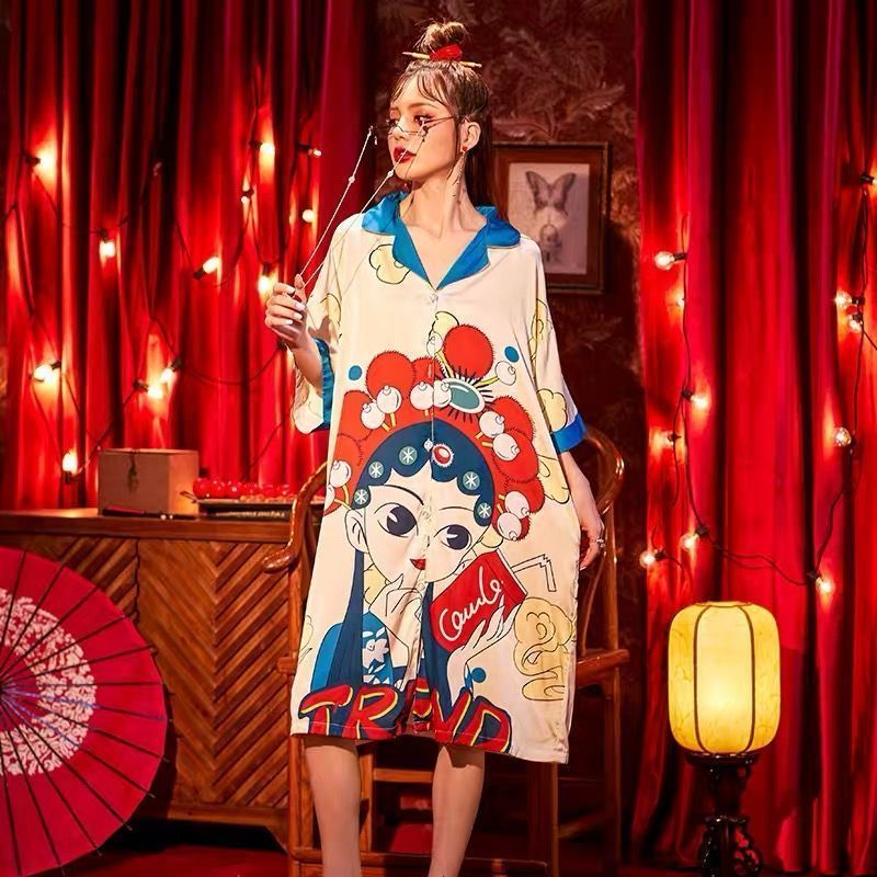 Guochao pajamas women's summer ice silk thin section can be worn outside pregnant women's nightdress Chinese style long shirt skirt home service