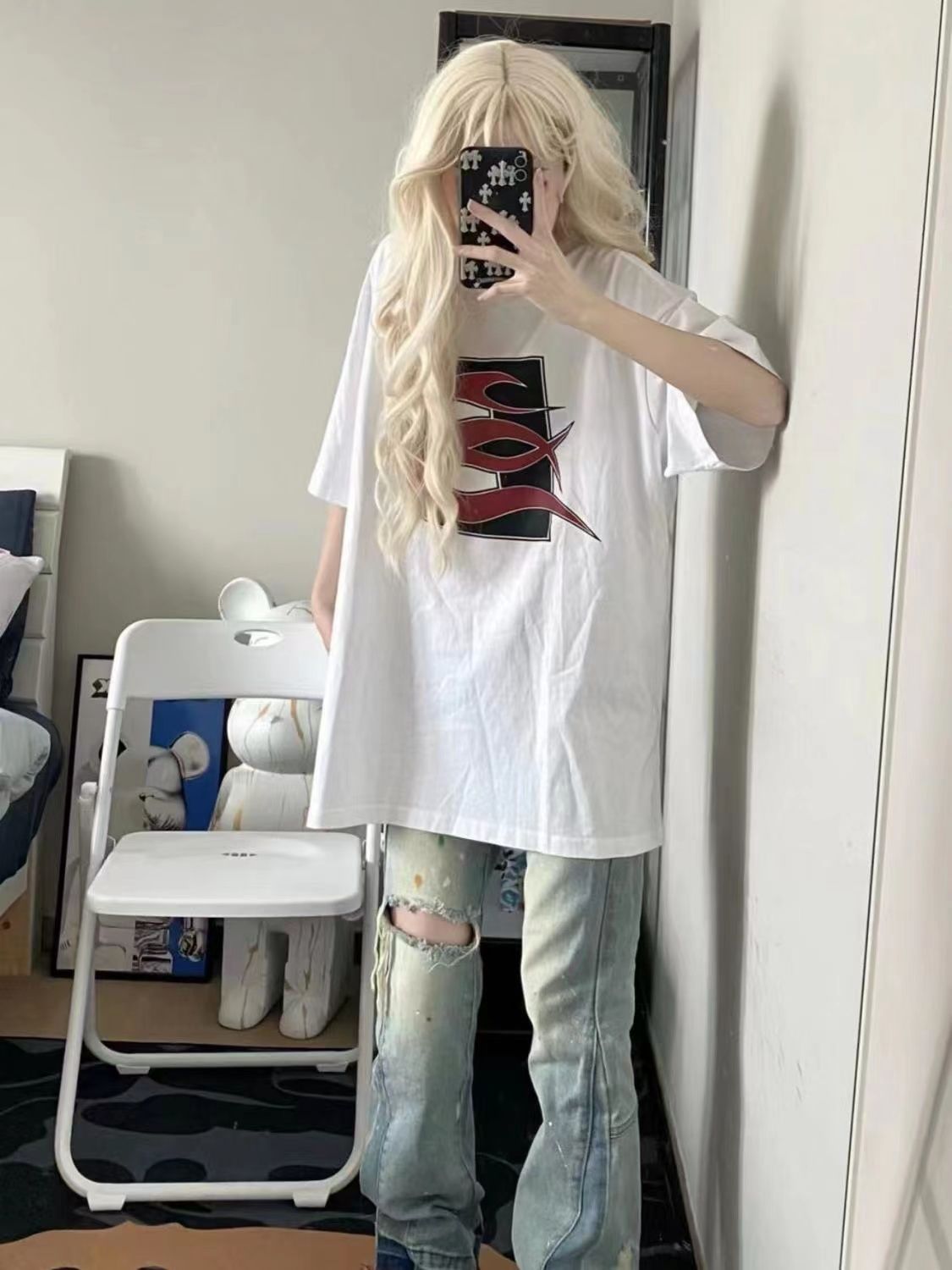 100%純棉美式白色短袖t恤女夏季寬鬆oversize潮牌學生半袖上衣ins