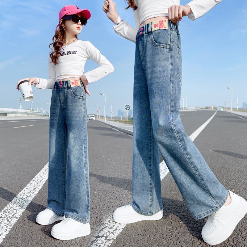 女童褲子春秋裝洋氣休閒直筒春季時髦闊腿褲小女孩春款兒童牛仔褲