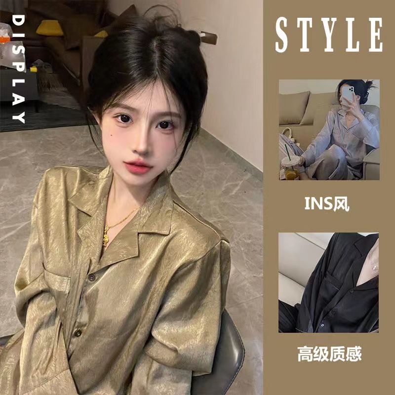 Pure desire ins high-level simple long-sleeved pajamas women's spring and autumn new home clothes casual thin trousers suit