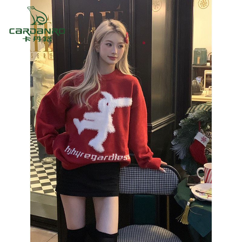 Cardan Road New Year's Rabbit Red Sweater Men's Thickened Winter New Mink Wool Knitwear Lazy Wind Loose Top