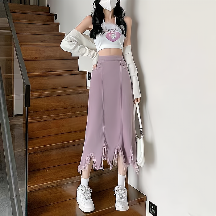 Design irregular tassel skirt denim skirt women 2023 spring and summer new high waist mid-length A-line skirt