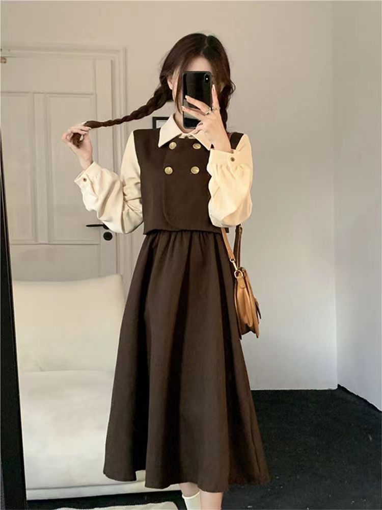 Autumn dress women's fake two-piece long-sleeved college style temperament goddess Fan small design sense mid-length skirt