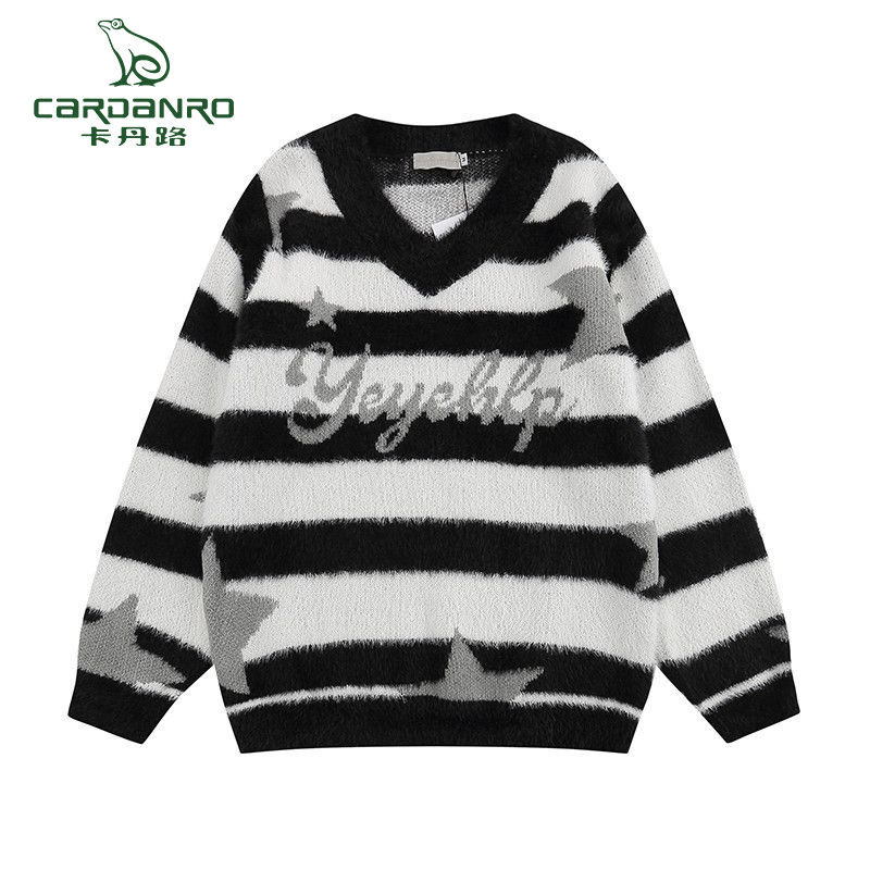 Vintage American style autumn and winter striped retro knitted sweater sweet and cool design lazy V-neck casual tops for men and women
