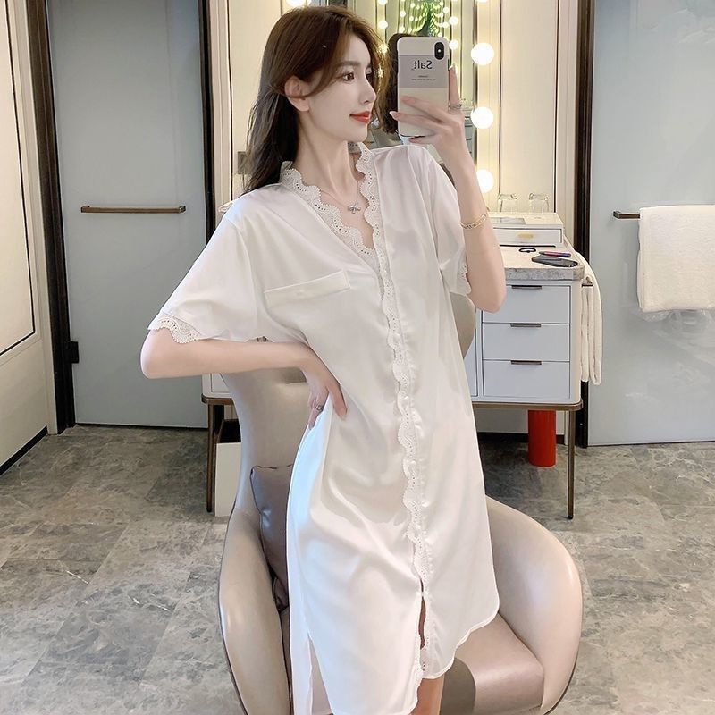 Summer ice silk nightdress women's short-sleeved thin section high-end fashion silk summer loose shirt pajamas mid-length home service