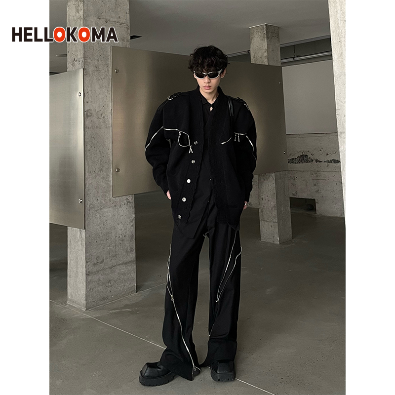 HK niche trendy brand deconstructed barrel V-neck cardigan sweater men's destruction design sense fur coat metal button sweater