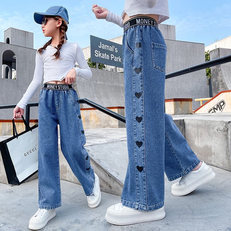 女童闊腿褲春季2023新款春秋裝兒童中大童寬鬆牛仔褲直筒褲子顯瘦