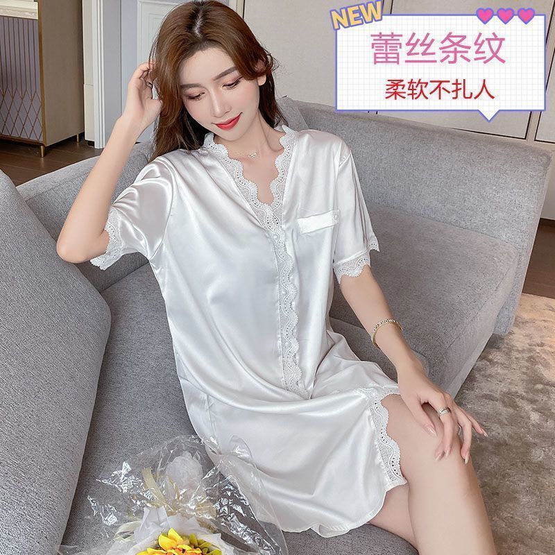 Nightdress Ladies Summer Thin Section High-grade Ice Silk Short-sleeved Loose Luxury Summer Silk Homewear Lace Lace